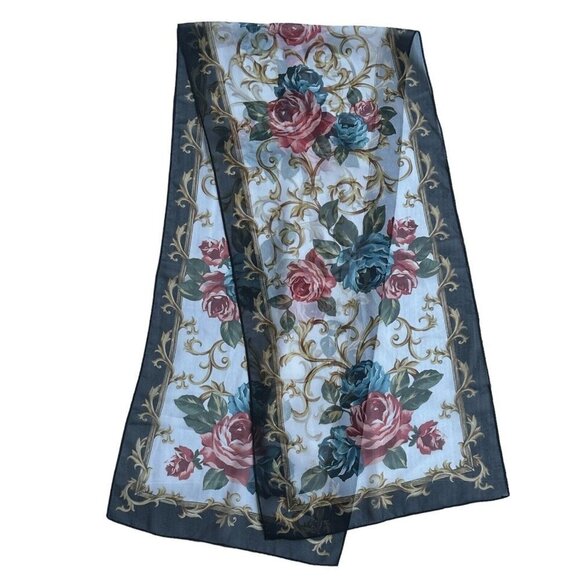 Scarves Scarf Paisley Blue Floral Roses‎ Multicolor Set Of 2 Sheer 58"x 13" - Picture 10 of 12